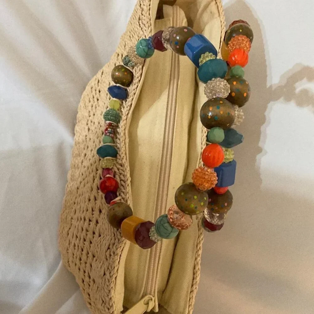 CAPPELLI of N.Y.Straw World wicker bag NWOT colorful jewel/beaded handles - Picture 3 of 5